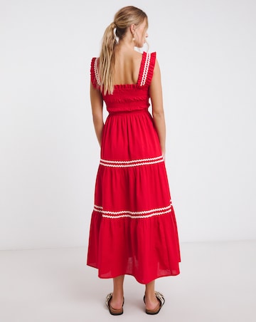 Red Shirred Midi Dress with Scallop Detail