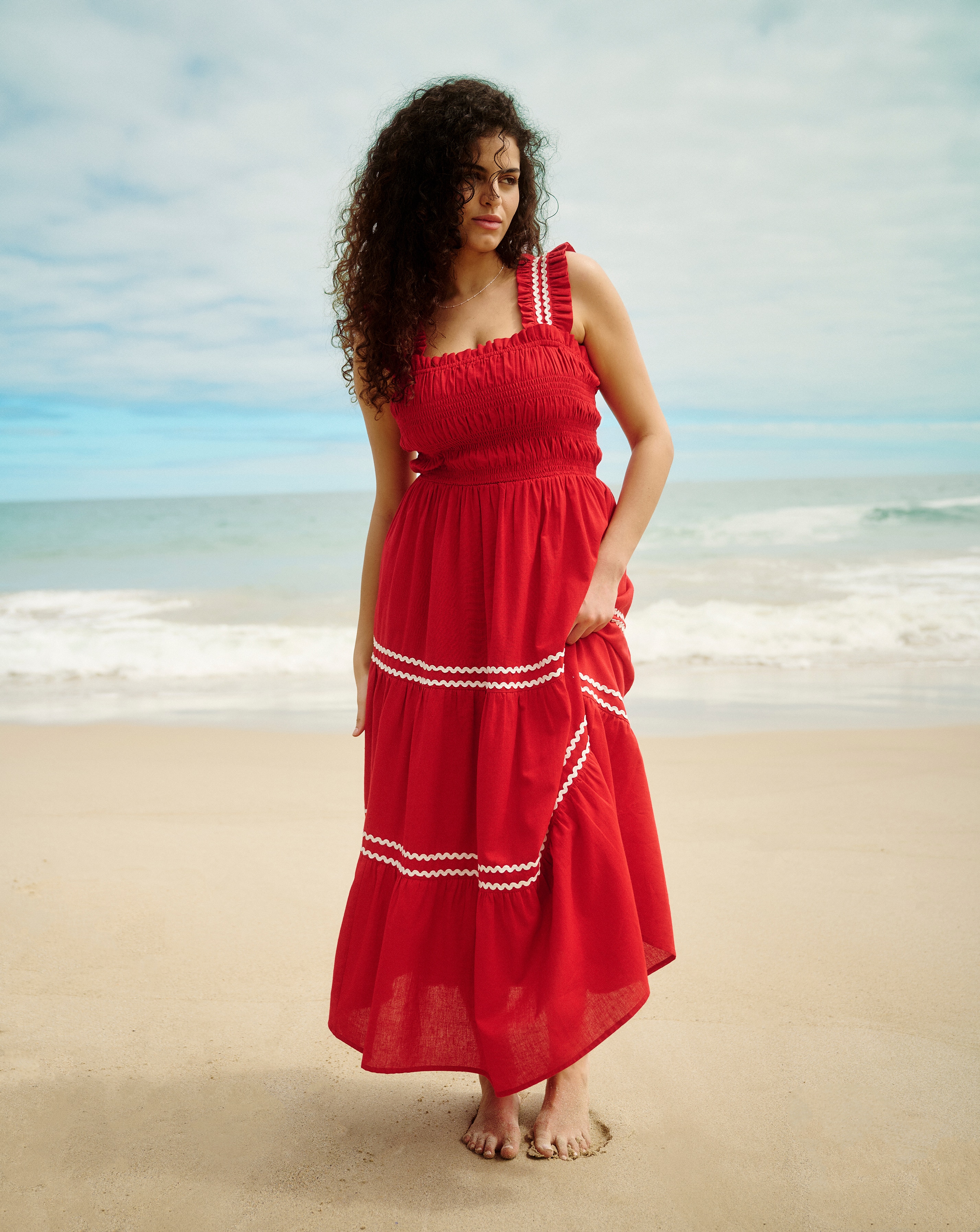 Red Scallop Detail Midi Dress