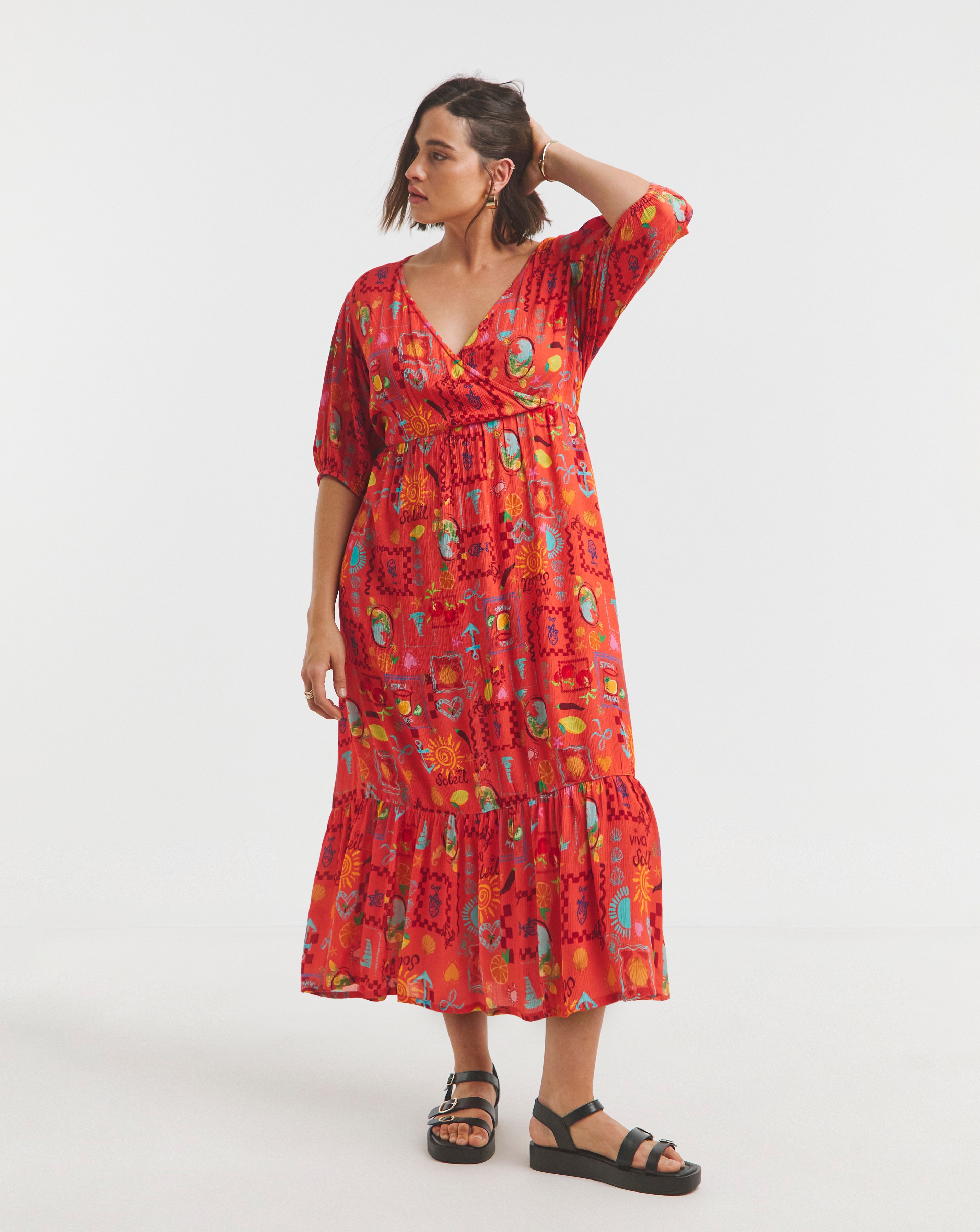 Simply Be Orange Print Crinkle Wrap Midi Dress