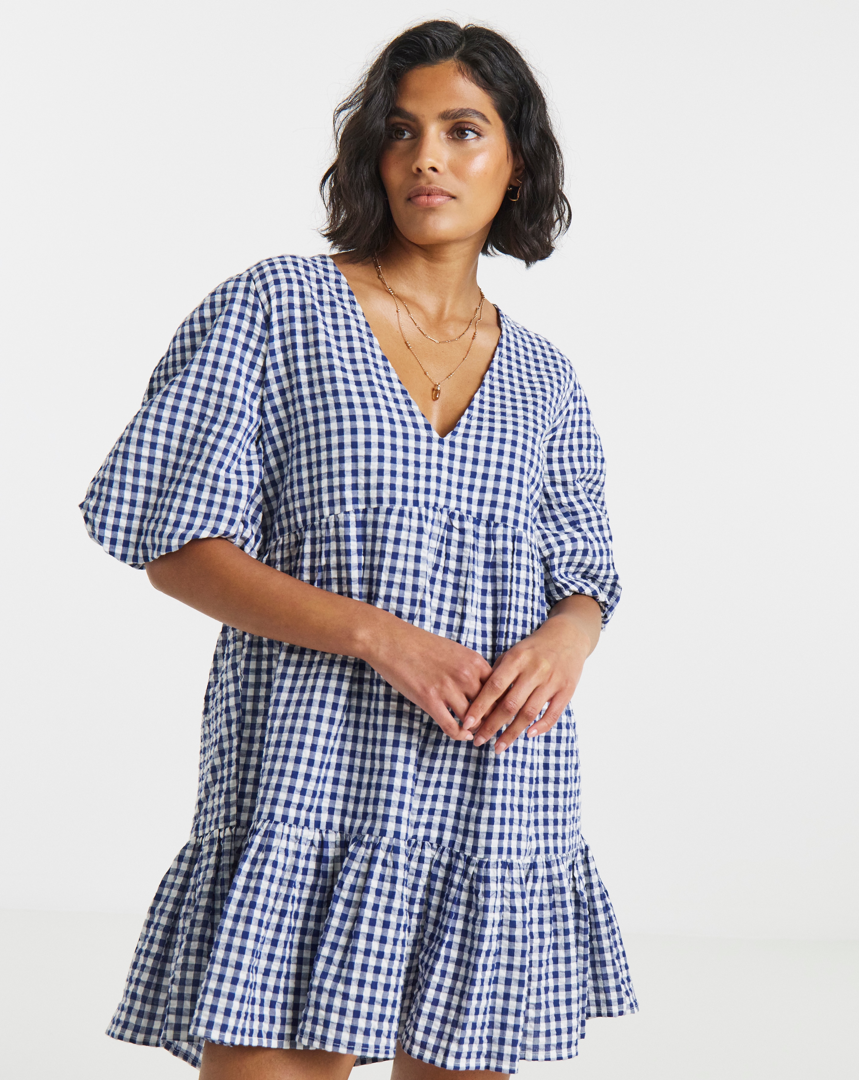 Navy Gingham Smock Dress