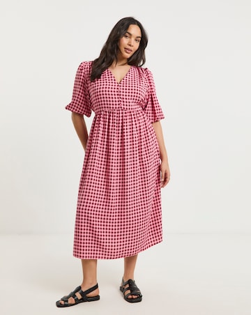 Pink Gingham Button Through Midi Dress With Pockets