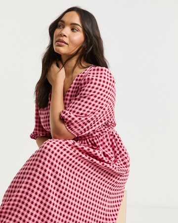Pink Gingham Button Through Midi Dress With Pockets
