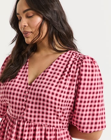 Pink Gingham Button Through Midi Dress With Pockets