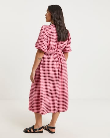 Pink Gingham Button Through Midi Dress With Pockets