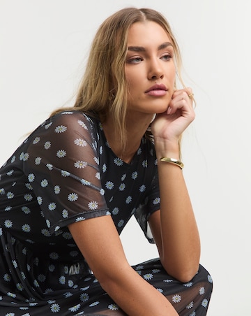Simply Be Black Daisy Printed Mesh Midi Dress
