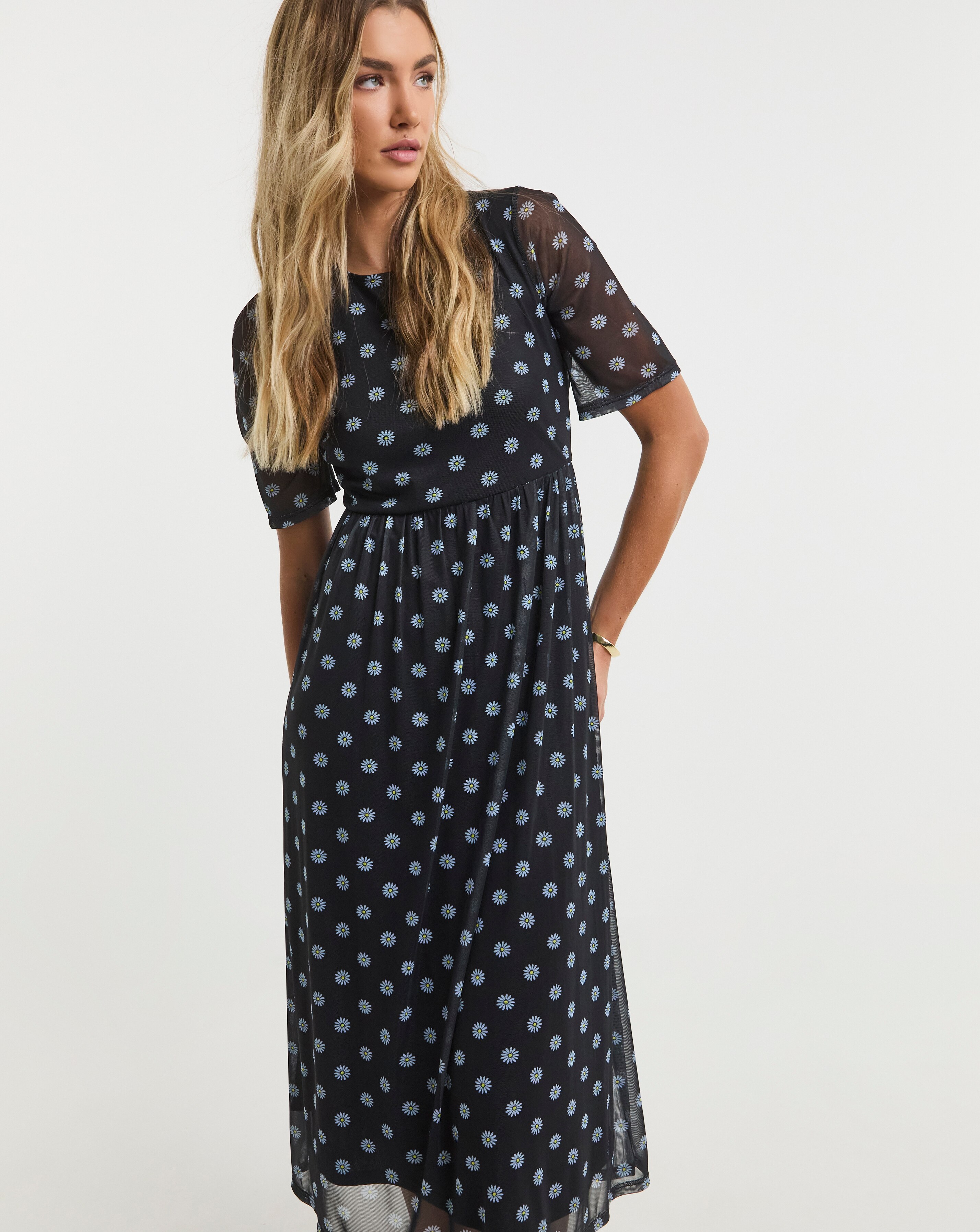 Simply Be Black Daisy Printed Mesh Midi Dress