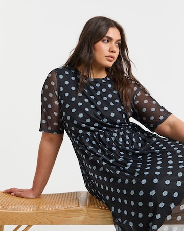 Simply Be Black Daisy Printed Mesh Midi Dress