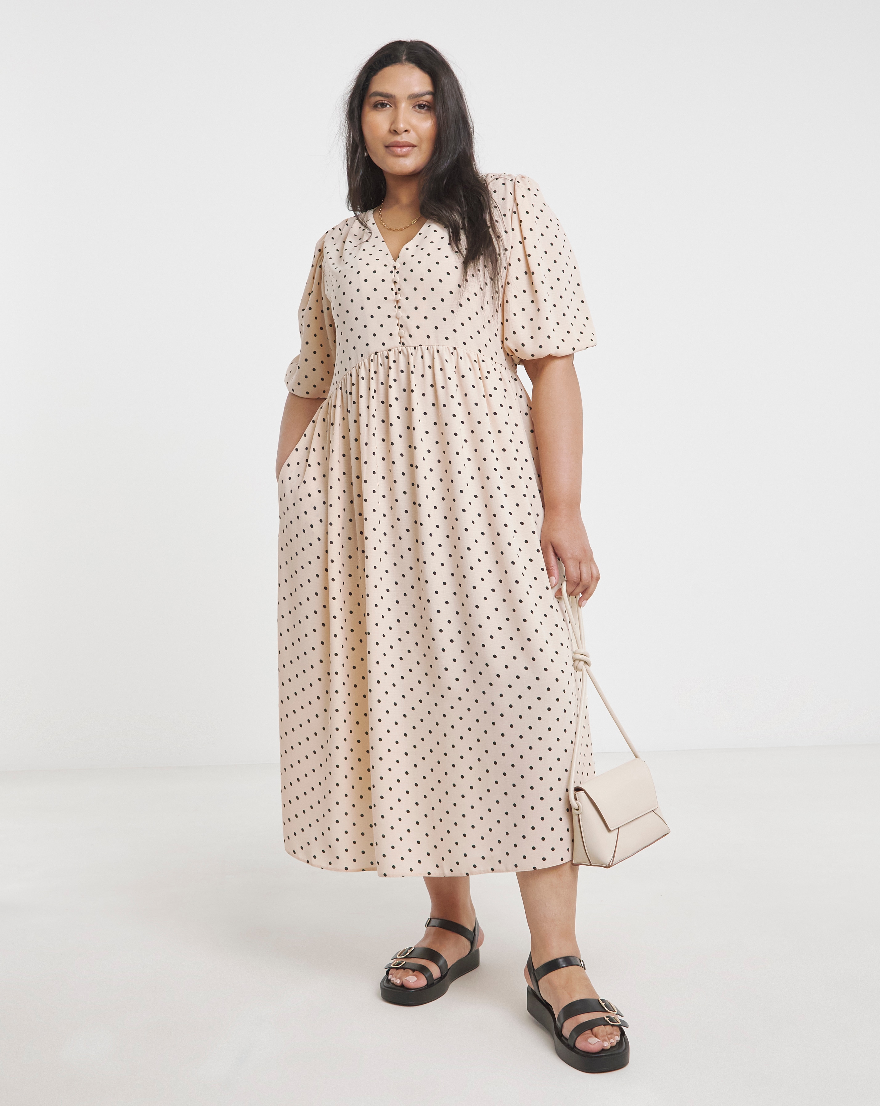 Spot Print Button Through Midi Dress