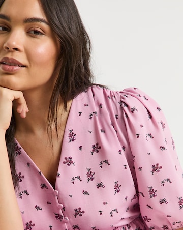 Simply Be Pink Ditsy Floral Print Button Through Midi Dress With Pockets