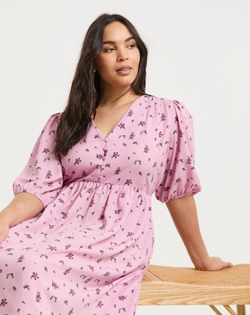 Simply Be Pink Ditsy Floral Print Button Through Midi Dress With Pockets