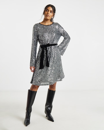 Simply Be Silver Sequin Skater Dress With Contrast Belt