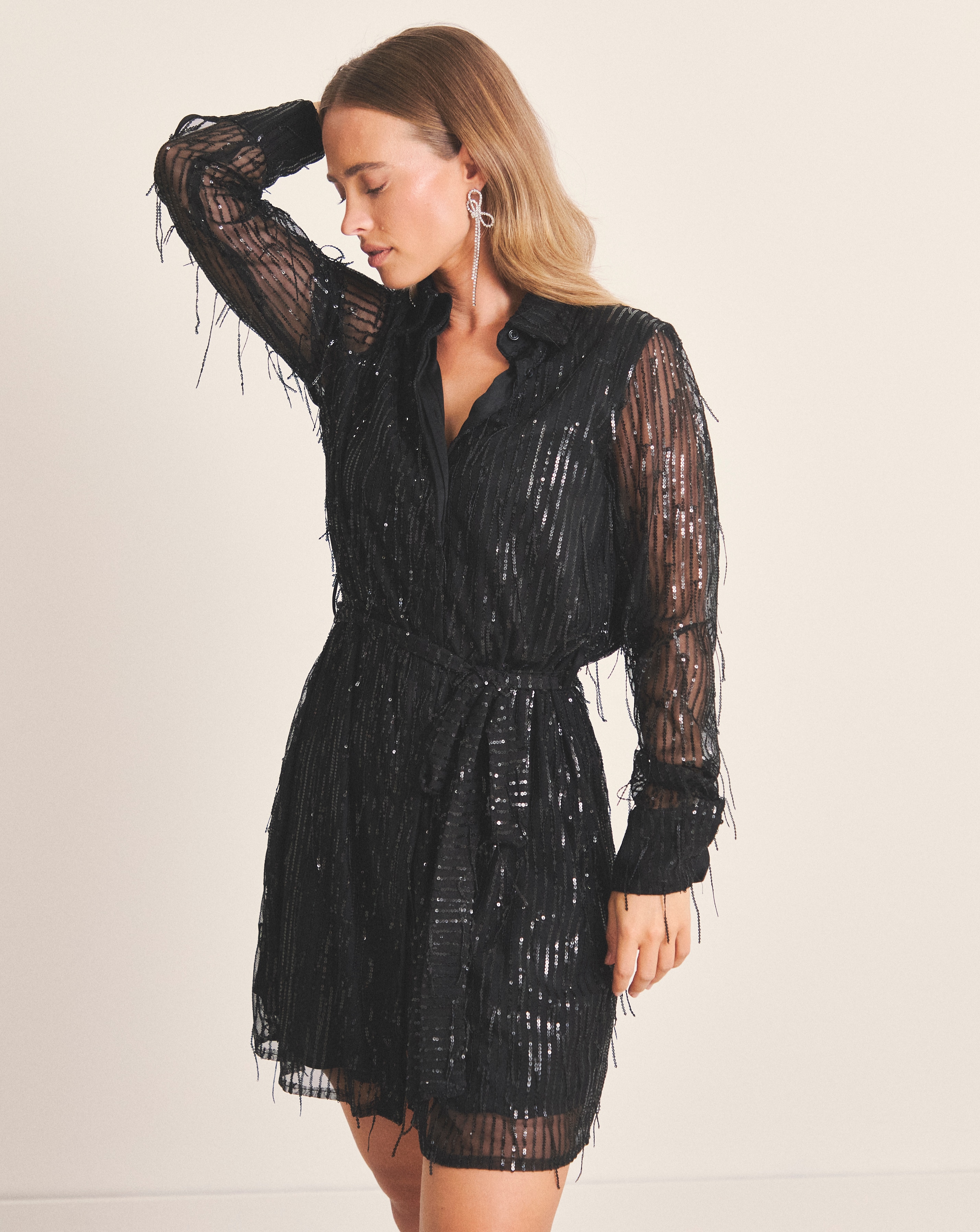 New In - Black Fringed Sequin Shirt Dress