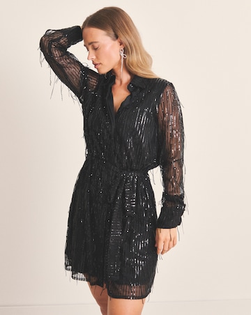 Simply Be Black Fringed Sequin Shirt Dress