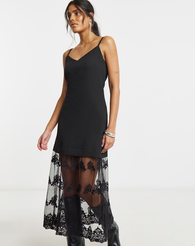Simply Be Black Lace Hem Overlay Slip Dress
