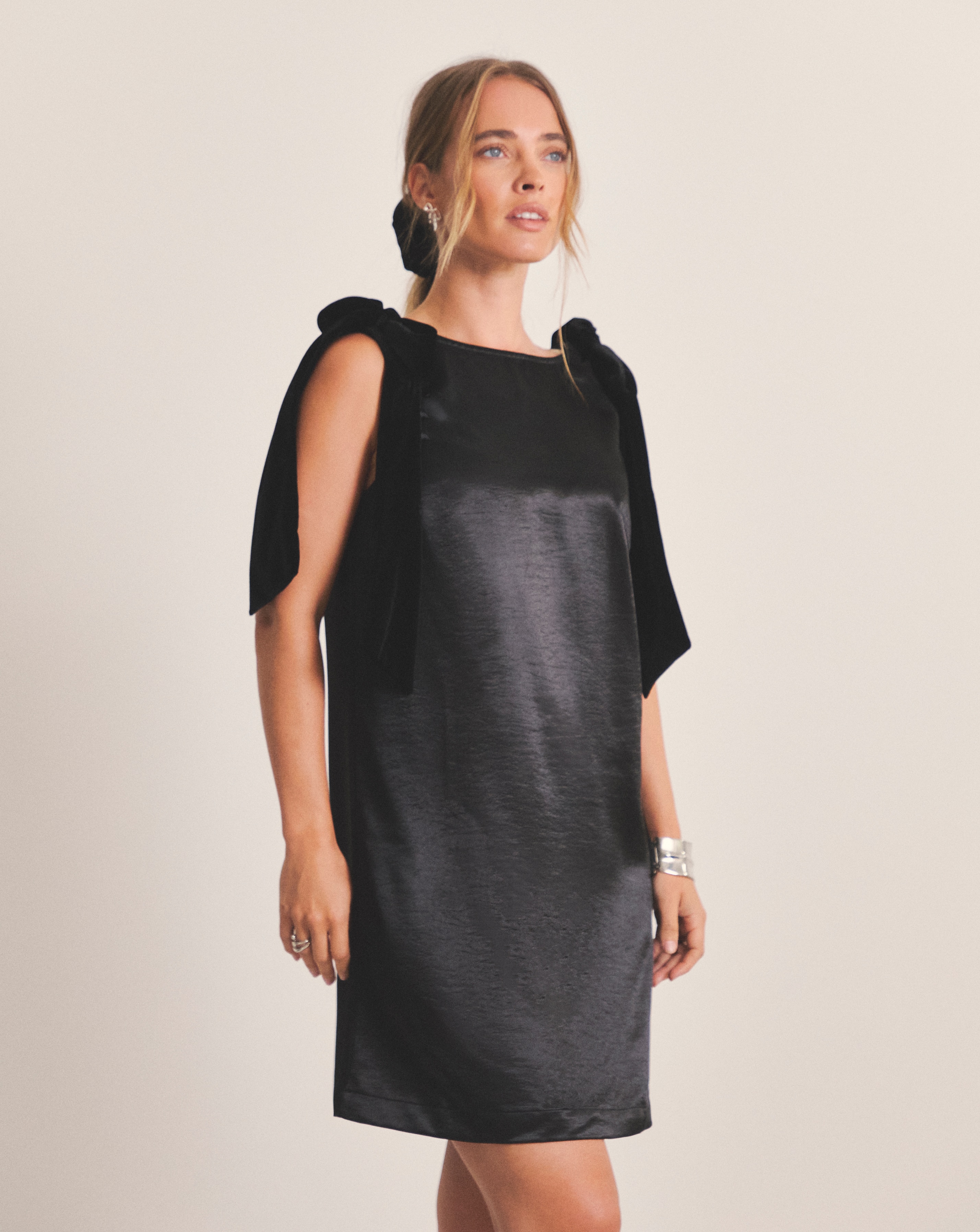 New In - Black Satin Shift Dress With Bow Straps