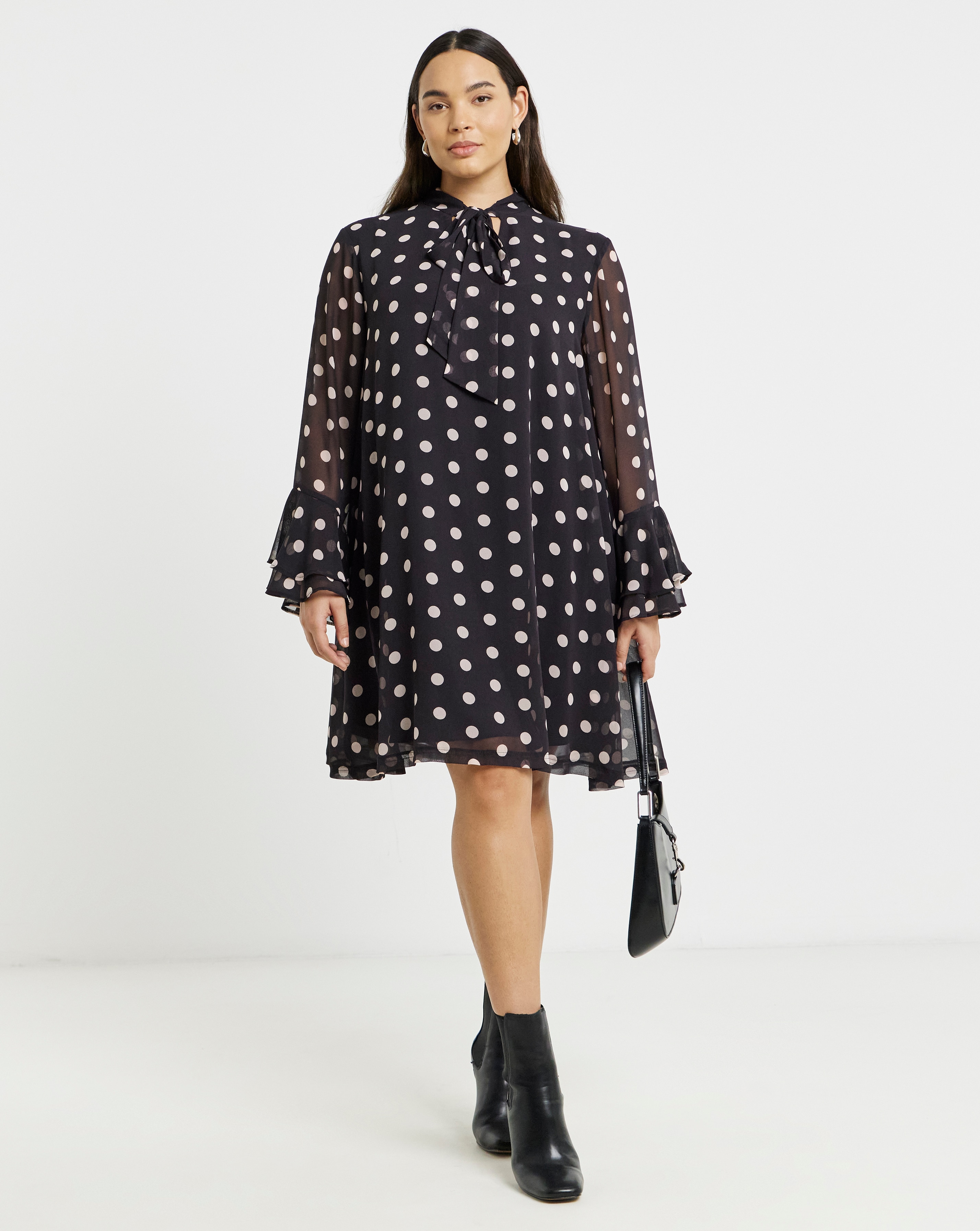New In - Spot Print Swing Dress With Tie Detail