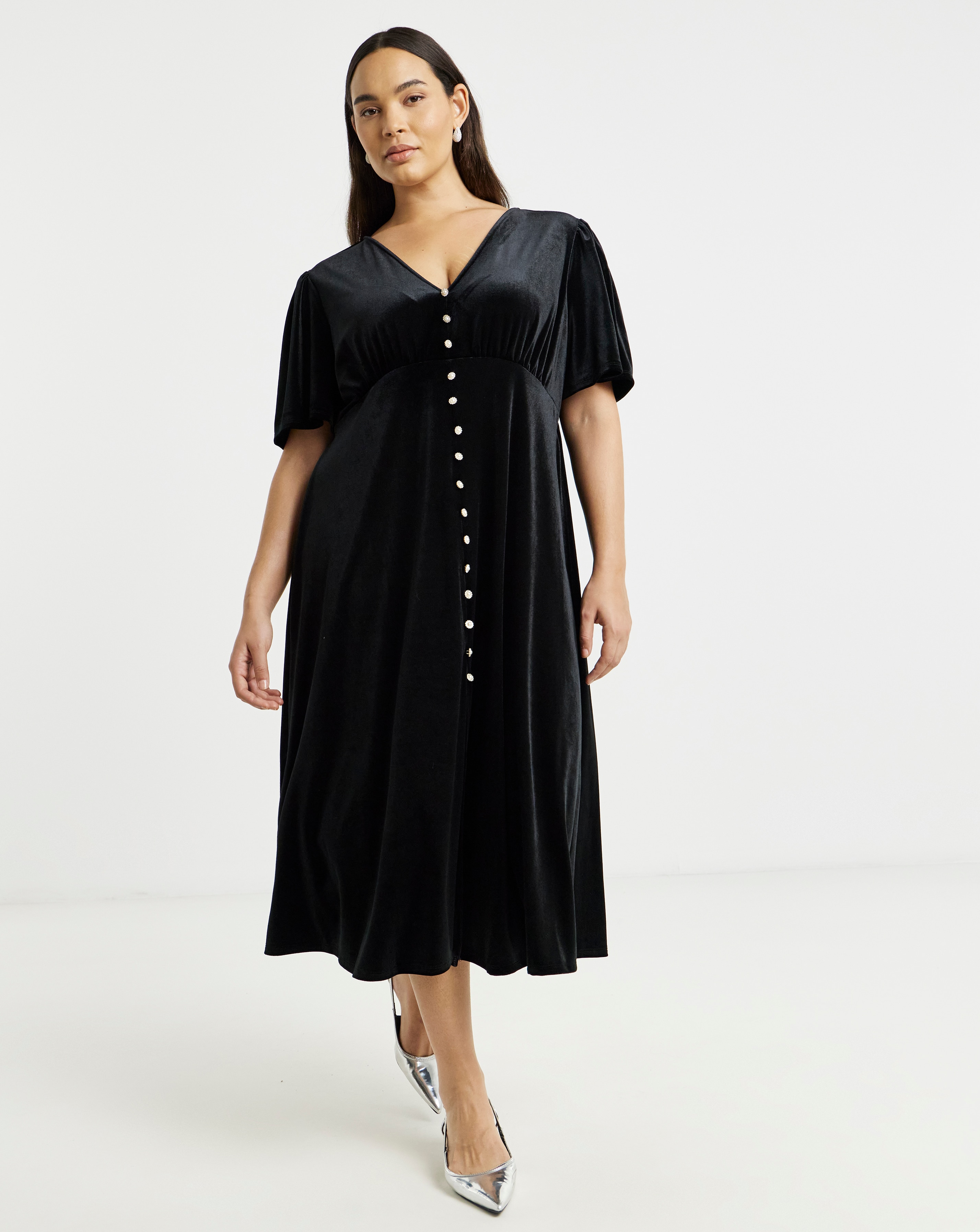 New In - Black Velour Button Through Midaxi Dress