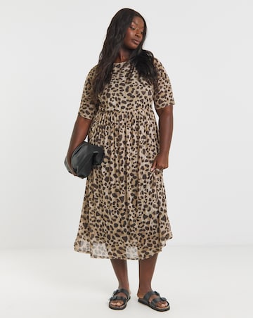 Brown Animal Printed Mesh Midi Dress