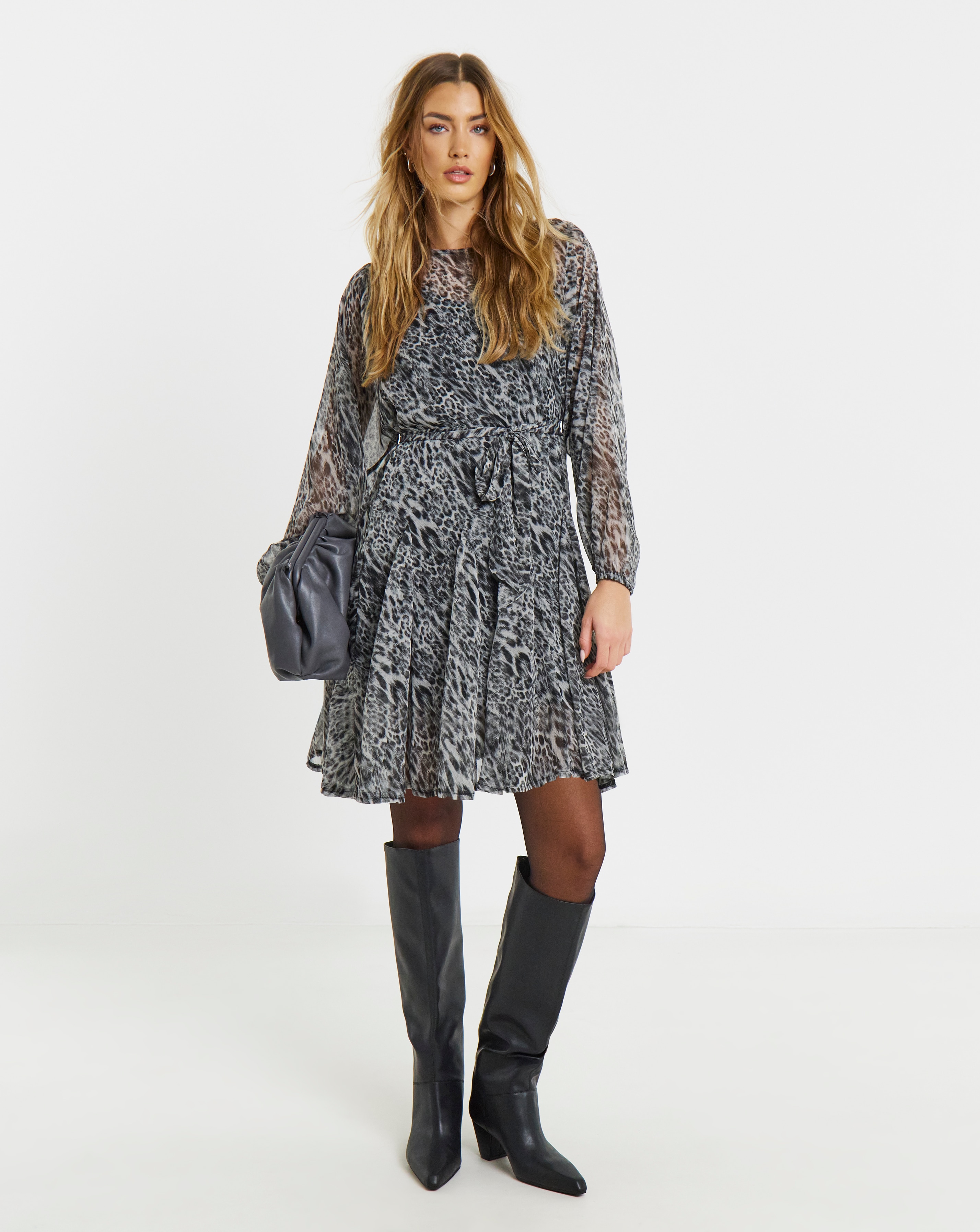 New In - Grey Leopard Skater Dress With Godet