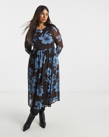 Simply Be Chocolate And Blue Floral Printed Mesh Midi Dress