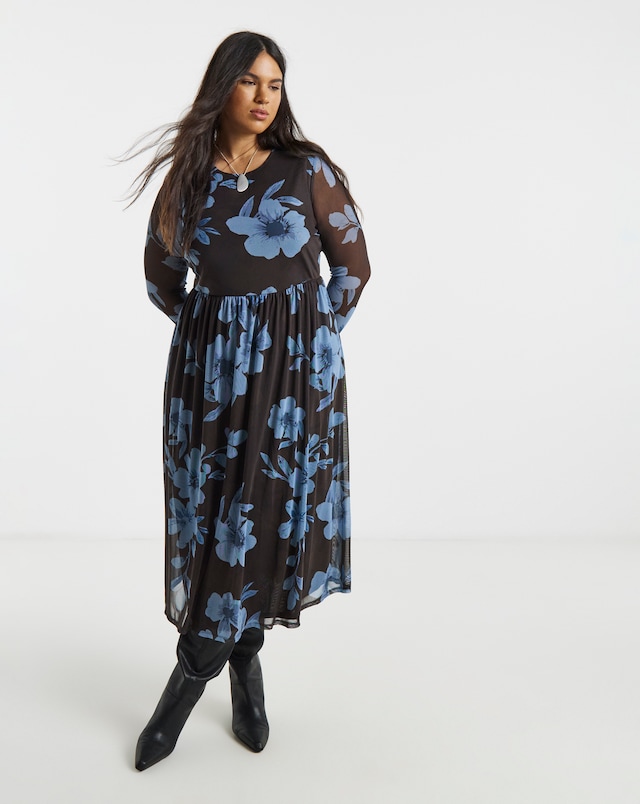 Chocolate And Blue Floral Printed Mesh Midi Dress