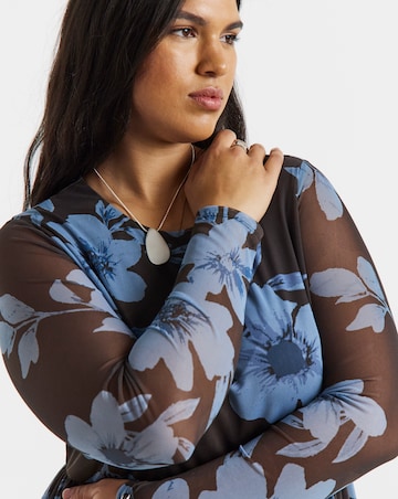 Simply Be Chocolate And Blue Floral Printed Mesh Midi Dress