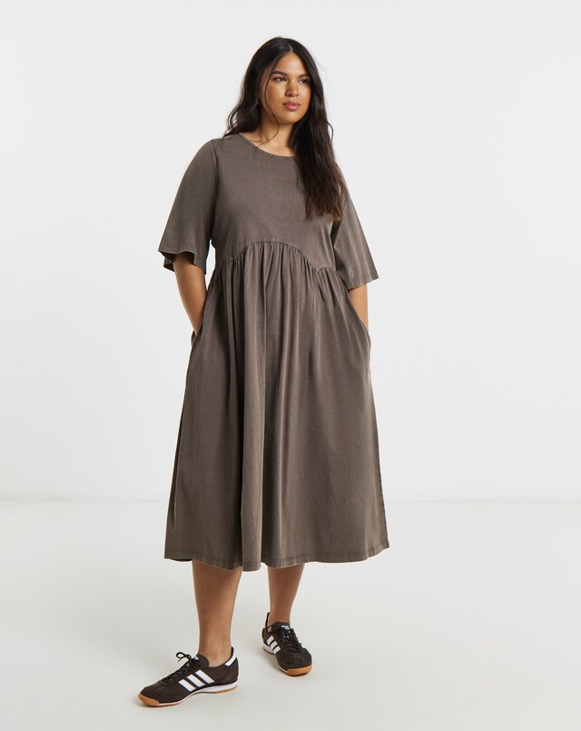 Blue Acid Wash Boxy Sleeve Midi Dress With Pockets