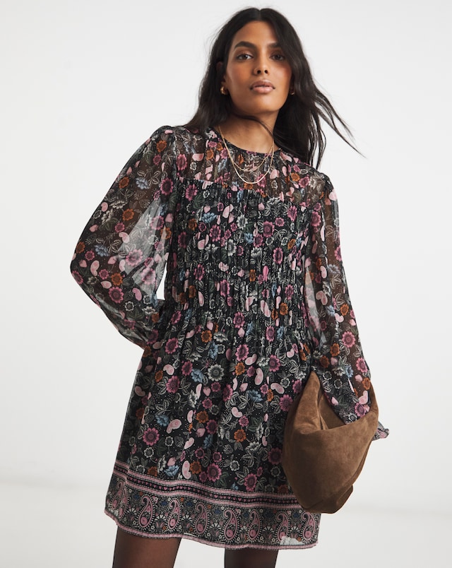Shirred Floral Border Print Skater Dress