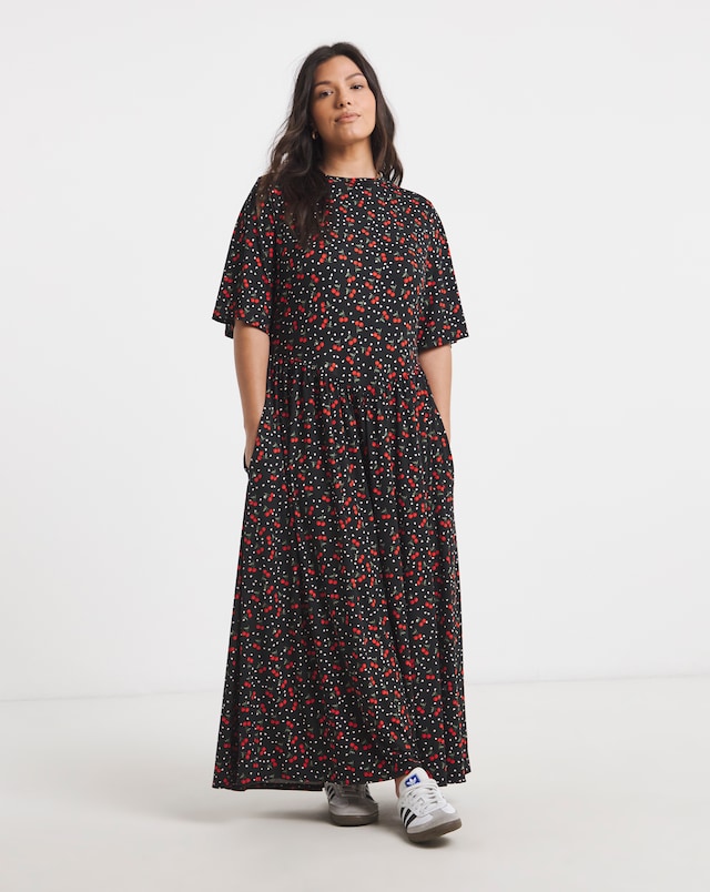 Cherry Print Jersey Maxi Dress With Pockets