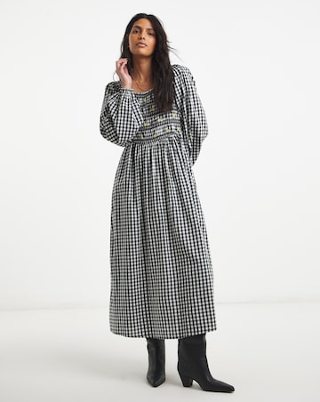 Simply Be Floral Embroidered Mono Gingham Shirred Midi Dress
