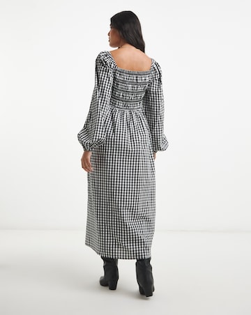Simply Be Floral Embroidered Mono Gingham Shirred Midi Dress