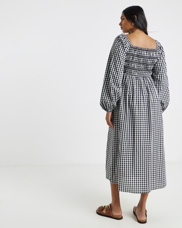 Simply Be Floral Embroidered Mono Gingham Shirred Midi Dress