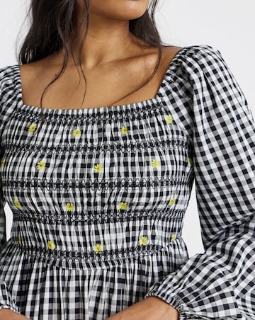 Simply Be Floral Embroidered Mono Gingham Shirred Midi Dress