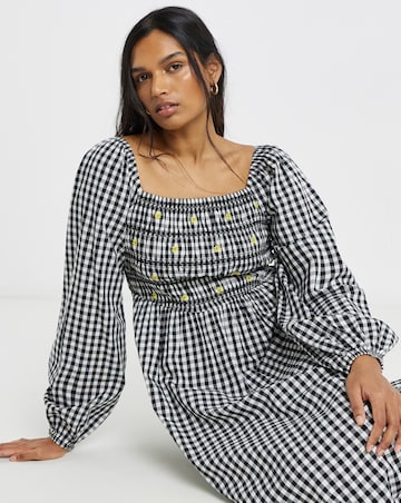 Simply Be Floral Embroidered Mono Gingham Shirred Midi Dress
