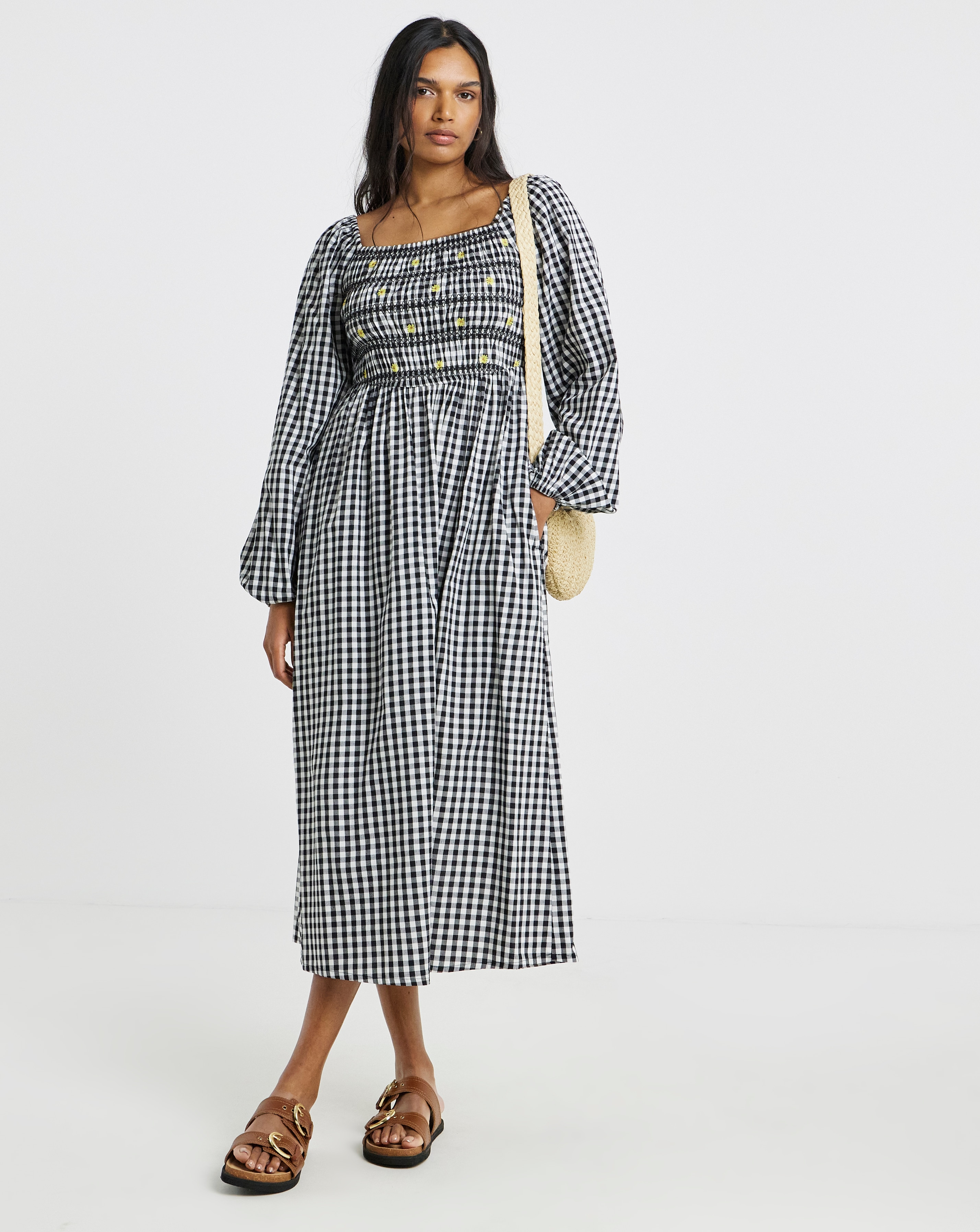 Embroidered Gingham Midi Dress