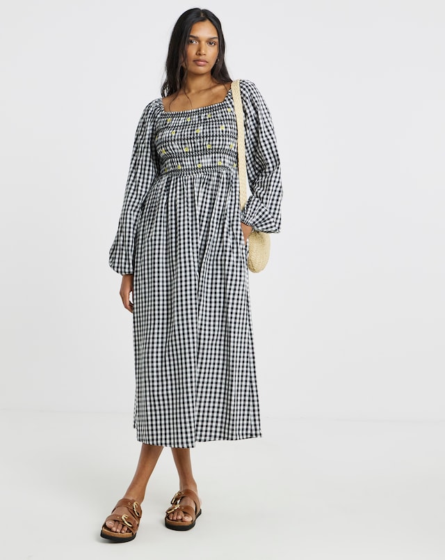 Floral Embroidered Mono Gingham Shirred Midi Dress