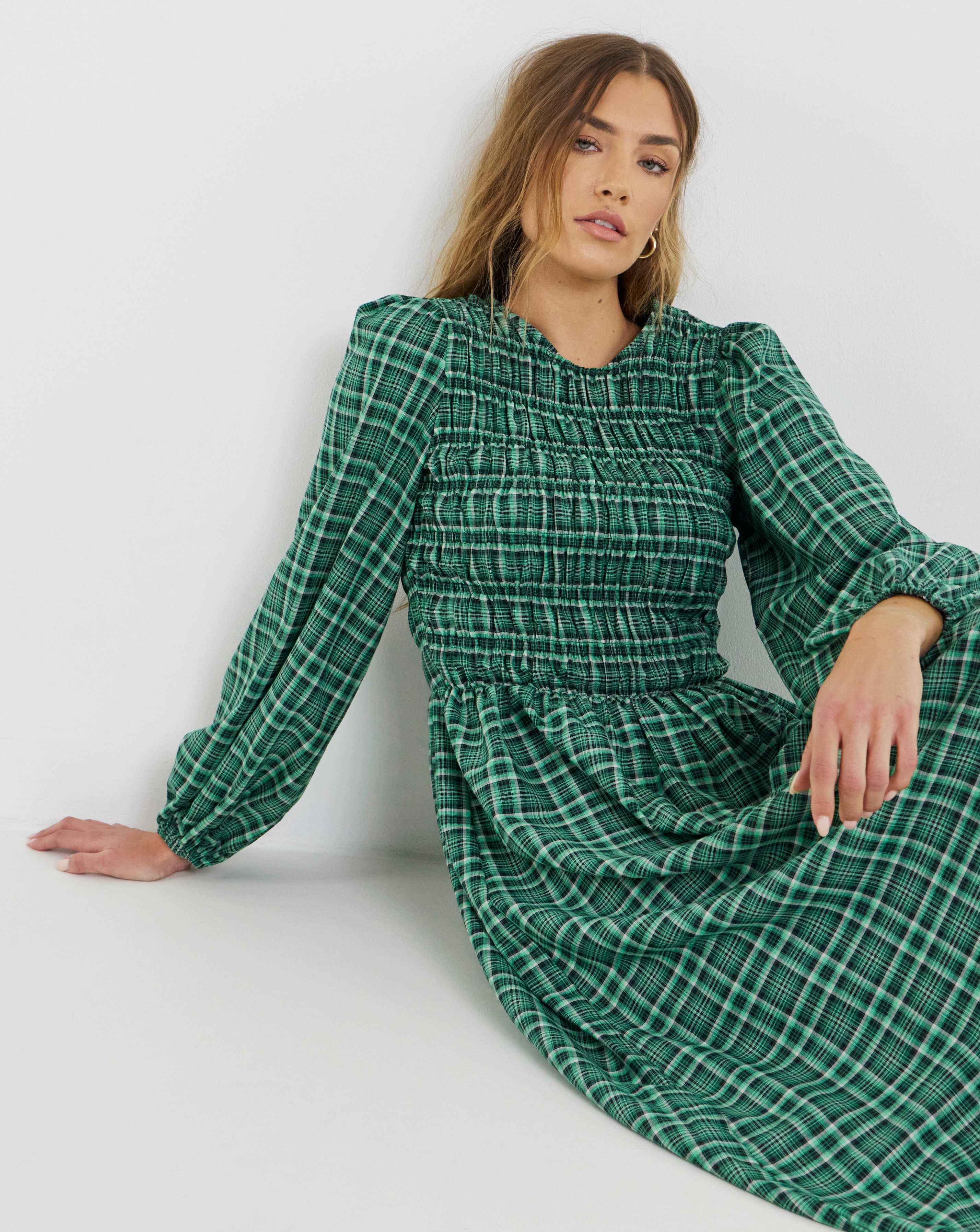 Shirred Check Midi Dress
