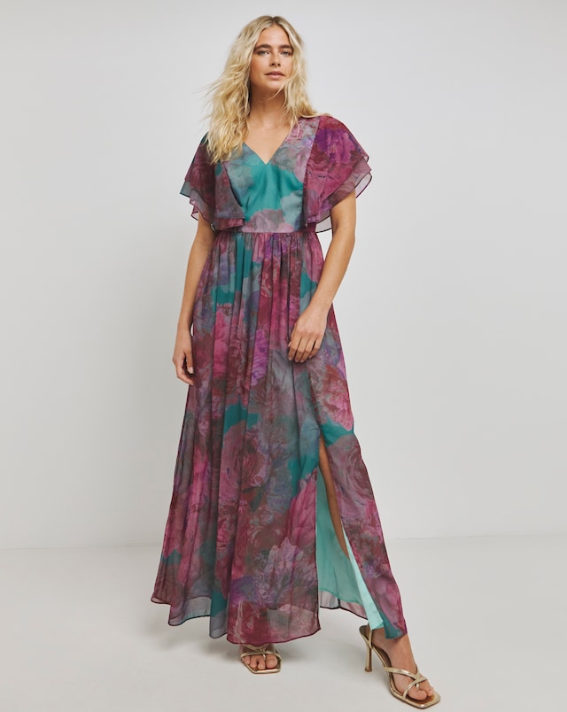 Chi Flutter Sleeve Floral Maxi Dress - Turquoise
