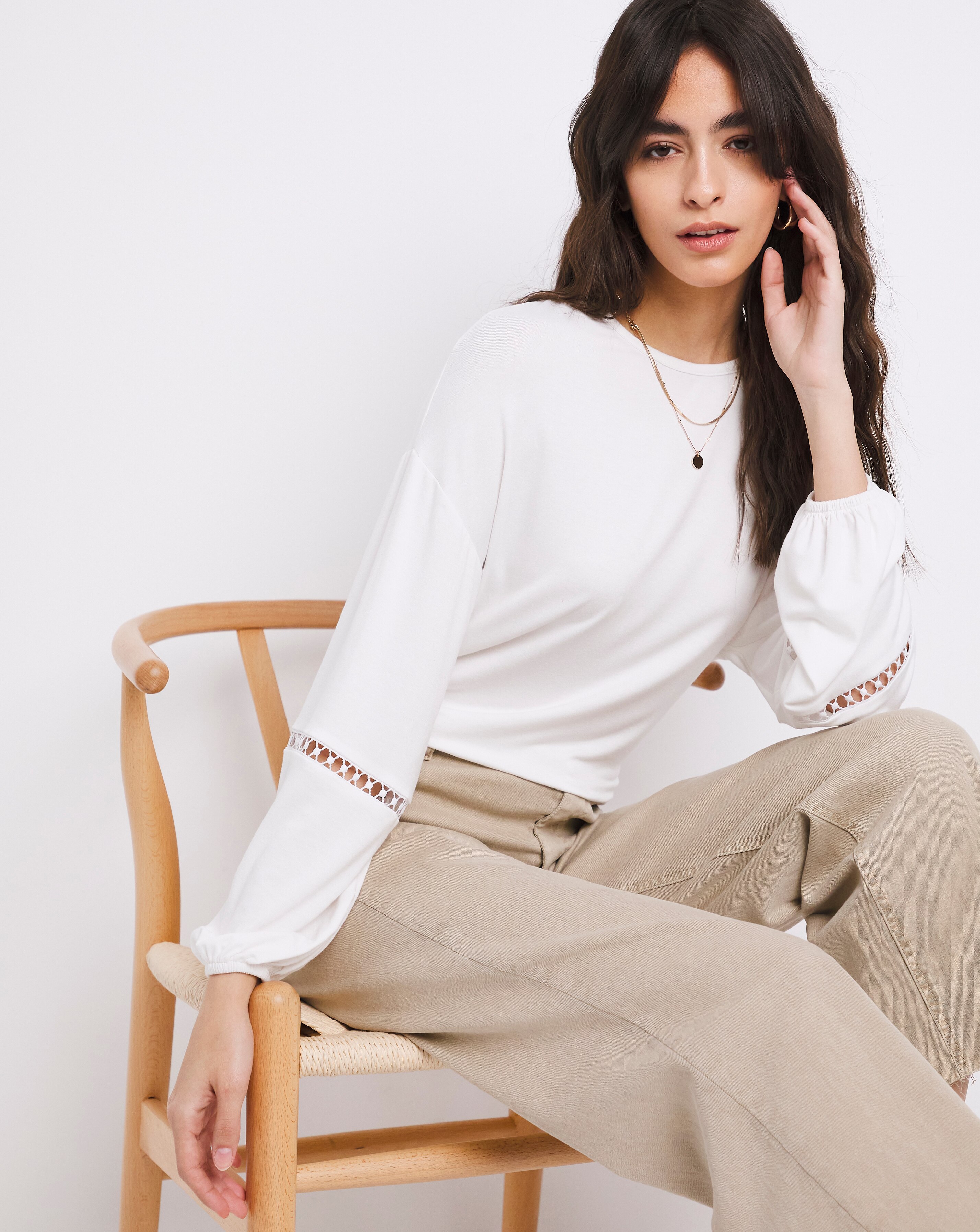 Ladder Trim Volume Sleeve T-Shirt White