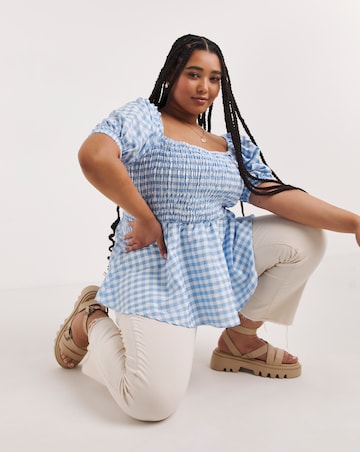 Gingham Puff Sleeve Shirred Peplum Top