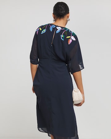 Hope & Ivy Sofia Embellished V- Neck Drape Sleeve Button Front Midi Dress