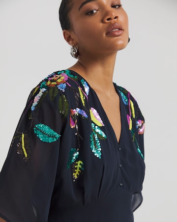 Hope & Ivy Sofia Embellished V- Neck Drape Sleeve Button Front Midi Dress