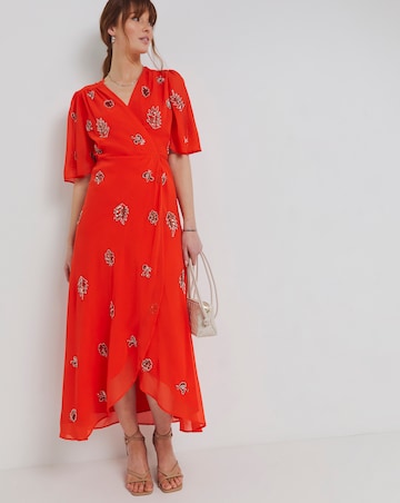 Hope & Ivy Alana Embellished Wrap Dress with Tie Waist and Flutter Sleeves