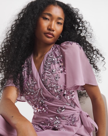 Maya Curve Embellished Flutter Sleeve Maxi Dress