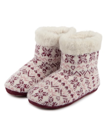Totes toasties Ladies Fair Isle Knit Boot Slippers With Faux Fur Cuff