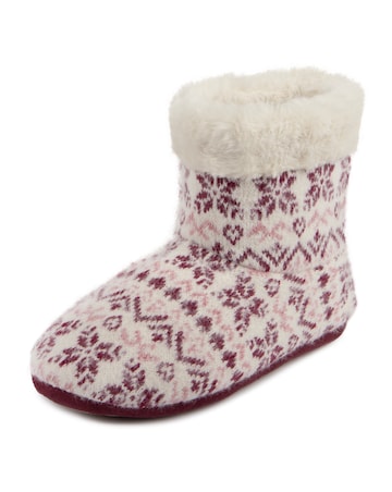 Totes toasties Ladies Fair Isle Knit Boot Slippers With Faux Fur Cuff