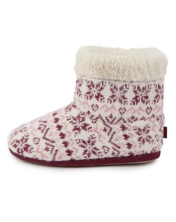 Totes toasties Ladies Fair Isle Knit Boot Slippers With Faux Fur Cuff
