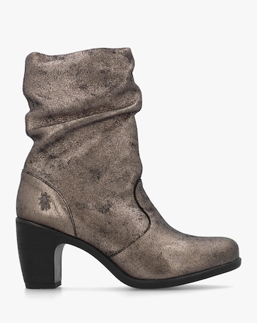 Fly London Klei Cool Graphite Leather Rouched Block Heel Ankle Boots