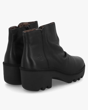 Fly London Tulp Black Leather Rouched Block Heel Ankle Boots