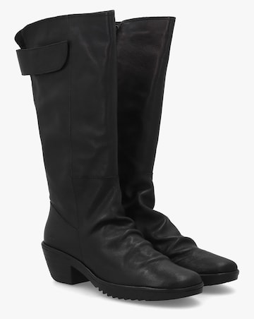 Fly London Waki Black Leather Stacked Heel Knee Boots
